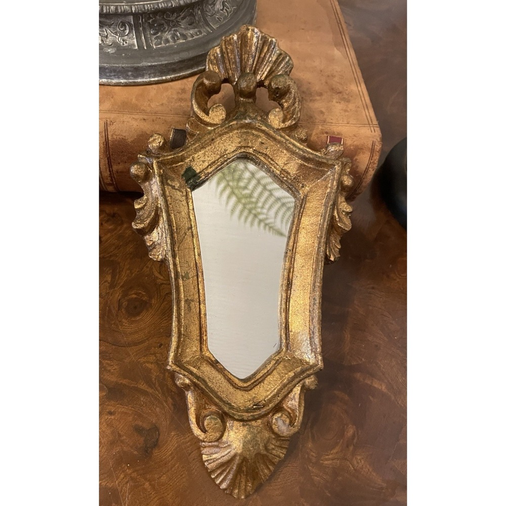 Vtg Ornate Italian Florentine Gilt Mirror Gold Hollywood Regency 9.5" Bridgerton